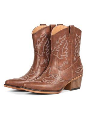Embroidered Ankle Cowgirl Booties Faux Leather Block Heel Western Boots